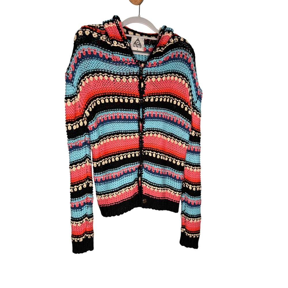 UNIF Multi Color Striped Knit Hooded Cardigan Sweater Small Boho Y2K